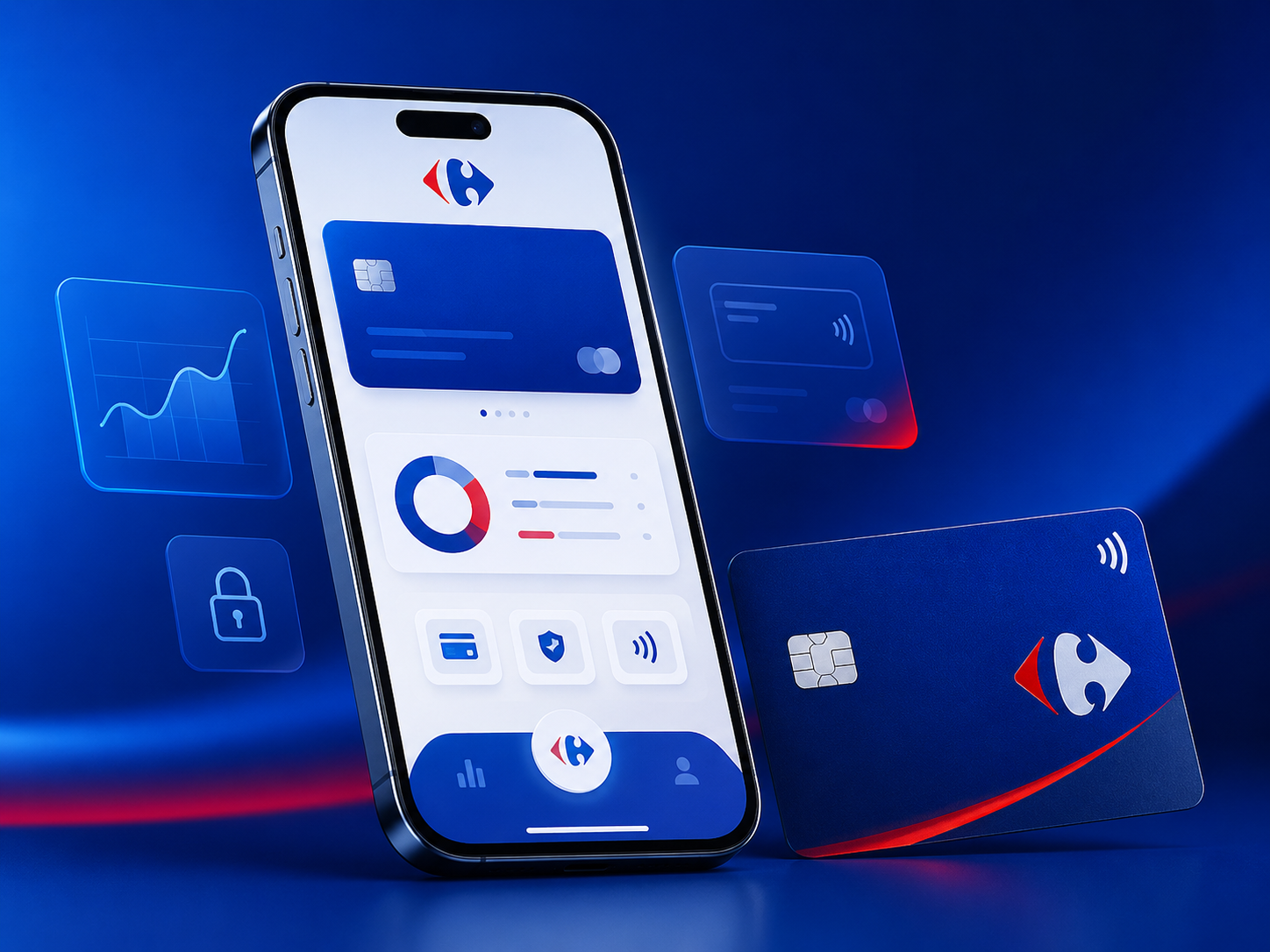 Mockup do aplicativo financeiro Carrefour com smartphone e cartão